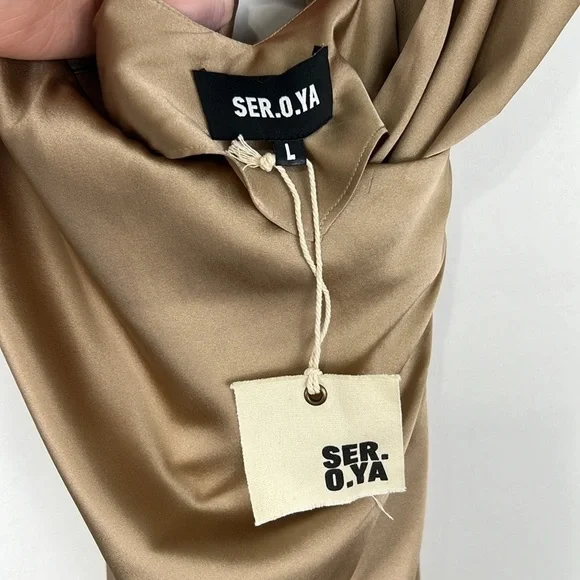 SER.O.YA by Retrofete Silk Emma Dress in Tan Gold Size Large Vacation summer - Picture 10 of 12